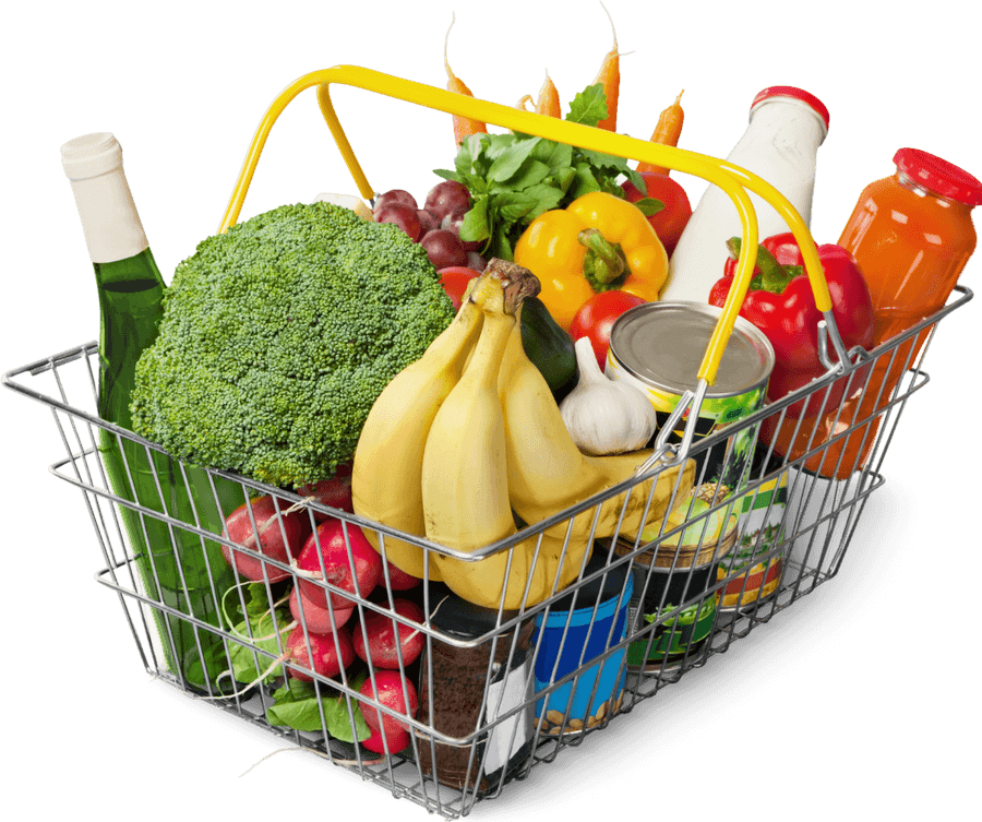 Cesta de compras cheia de frutas, legumes, folhas, bebidas e mercearia